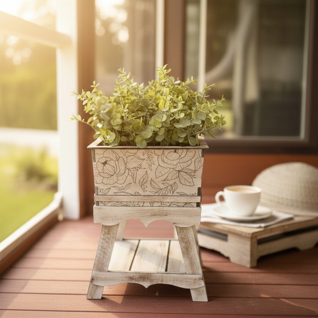 Rustic Wooden Faux Plant Planter Handcrafted Farmhouse Tabletop Greenery Indoor Wood Decor - Nifty Decor & More