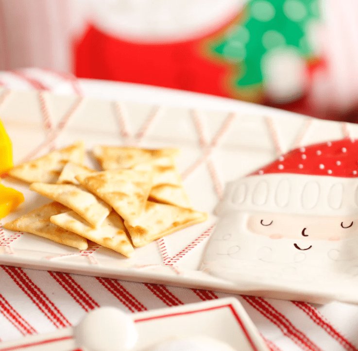 Santa Head Red & White Diamond Ticking Ceramic Platter - 17" Rectangle Christmas Serving Tray - Nifty Decor & More