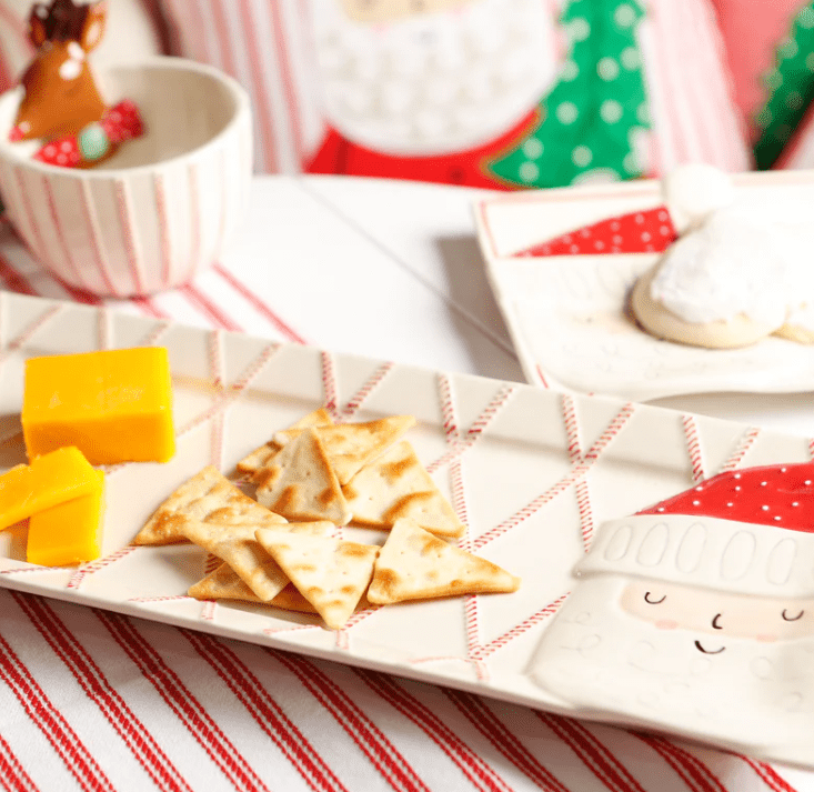 Santa Head Red & White Diamond Ticking Ceramic Platter - 17" Rectangle Christmas Serving Tray - Nifty Decor & More