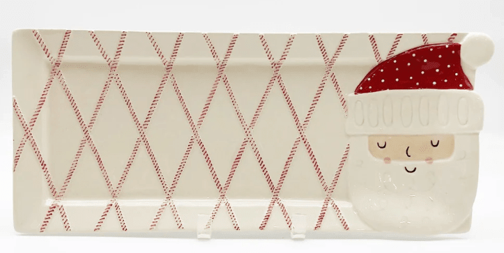 Santa Head Red & White Diamond Ticking Ceramic Platter - 17" Rectangle Christmas Serving Tray - Nifty Decor & More