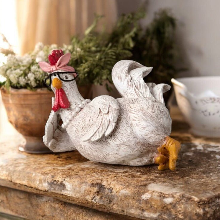 Sassy Chicken with Pearls & Glasses, Farmhouse Chic Chicken Decor, Fun Rustic Accent, Ideal Farmhouse Gift - Nifty Decor & More