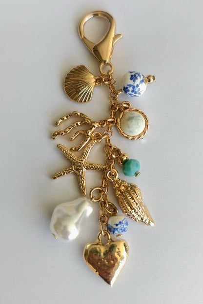 Sea Life Porcelain Charm, Pearl & Turquoise Bead, Bag or Necklace Accessory, Unique Gift for Preppy Style Lovers