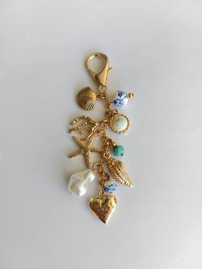 Sea Life Porcelain Charm, Pearl & Turquoise Bead, Bag or Necklace Accessory, Unique Gift for Preppy Style Lovers