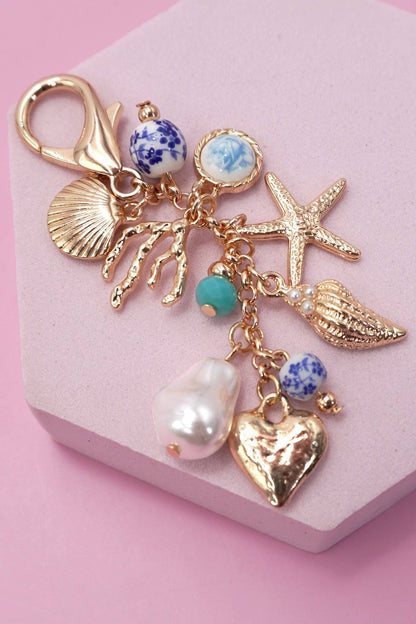 Sea Life Porcelain Charm, Pearl & Turquoise Bead, Bag or Necklace Accessory, Unique Gift for Preppy Style Lovers