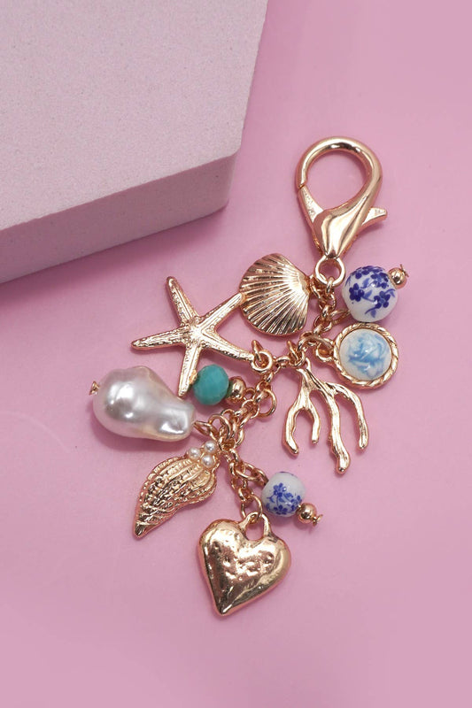 Sea Life Porcelain Charm, Pearl & Turquoise Bead, Bag or Necklace Accessory, Unique Gift for Preppy Style Lovers - Nifty Decor & More