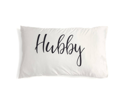 SET OF 2 "HUBBY/WIFEY" STANDARD PILLOW CASES, IVORY