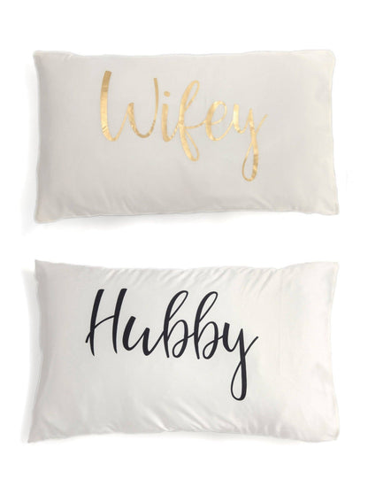 SET OF 2 "HUBBY/WIFEY" STANDARD PILLOW CASES, IVORY