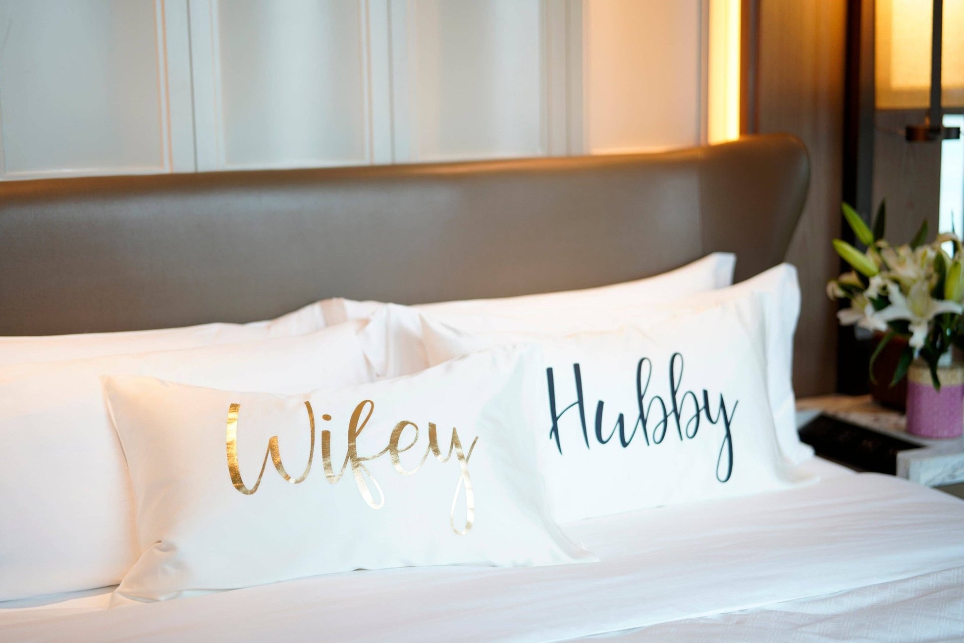 SET OF 2 "HUBBY/WIFEY" STANDARD PILLOW CASES, IVORY