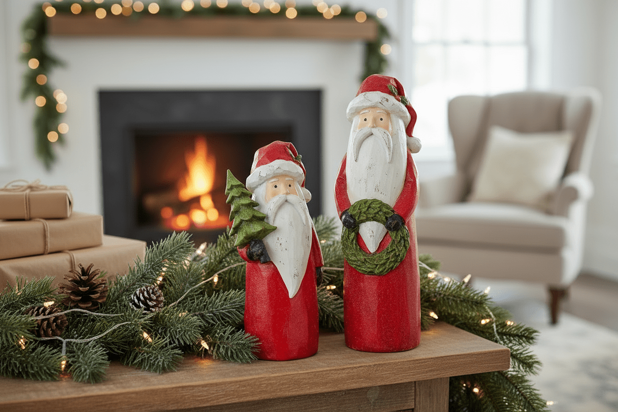 Set of 2 Red Carved - Look Santa Figurines – Resin Christmas Holiday Décor - Nifty Decor & More