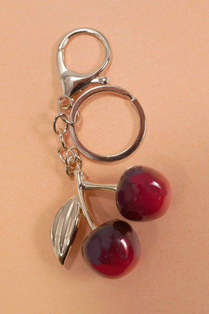 Shiny Cherry Drop Keychain, Glossy Red Cherry with Leaf Bag Charm, Stylish Accessory for Bags and Keys, Perfect Gift for Cherry Lovers