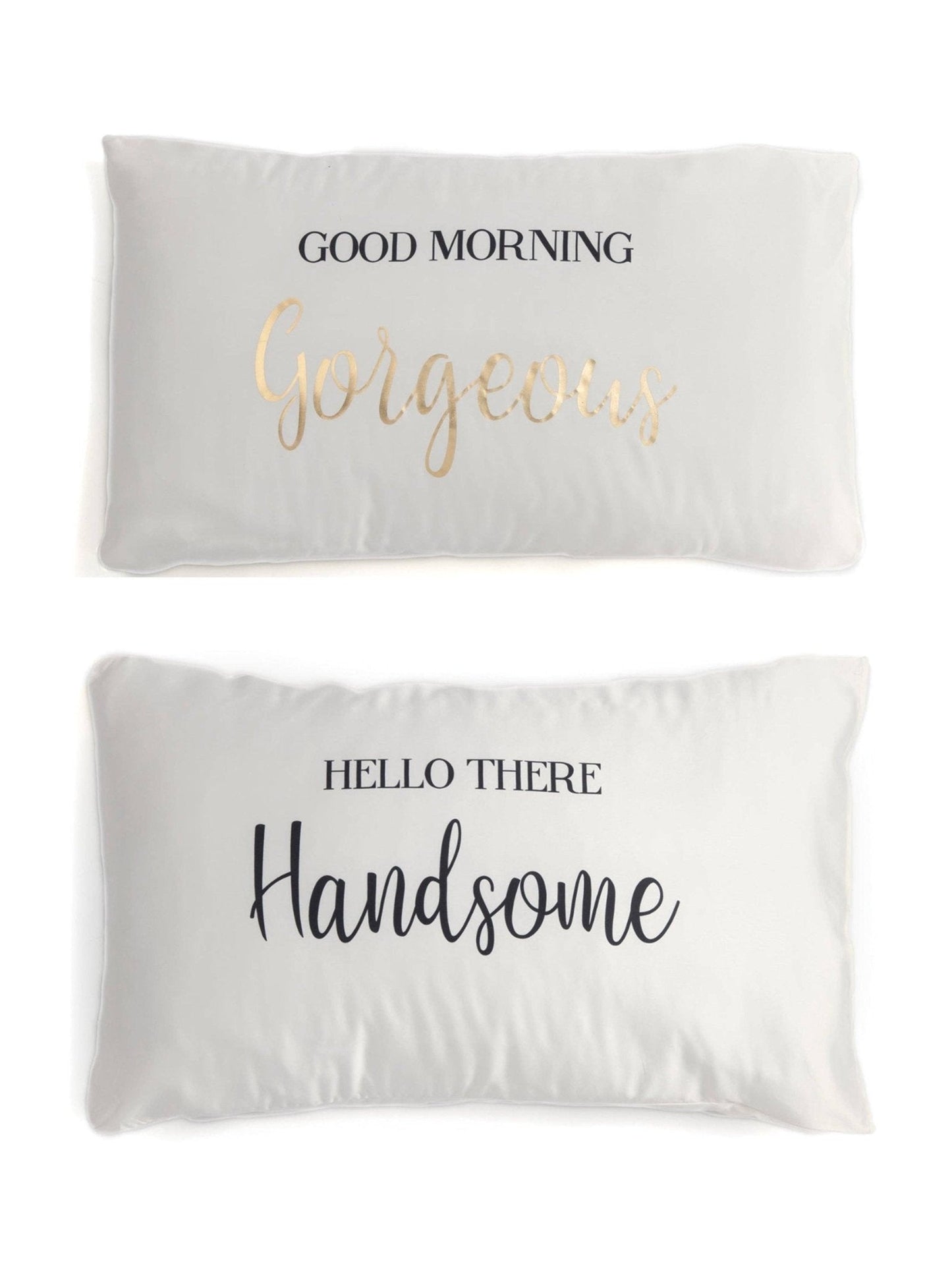 Shiraleah Set Of 2 "Good Morning Gorgeous / Hello There Handsome" Standard Pillow Cases,Ivory - Nifty Decor & More