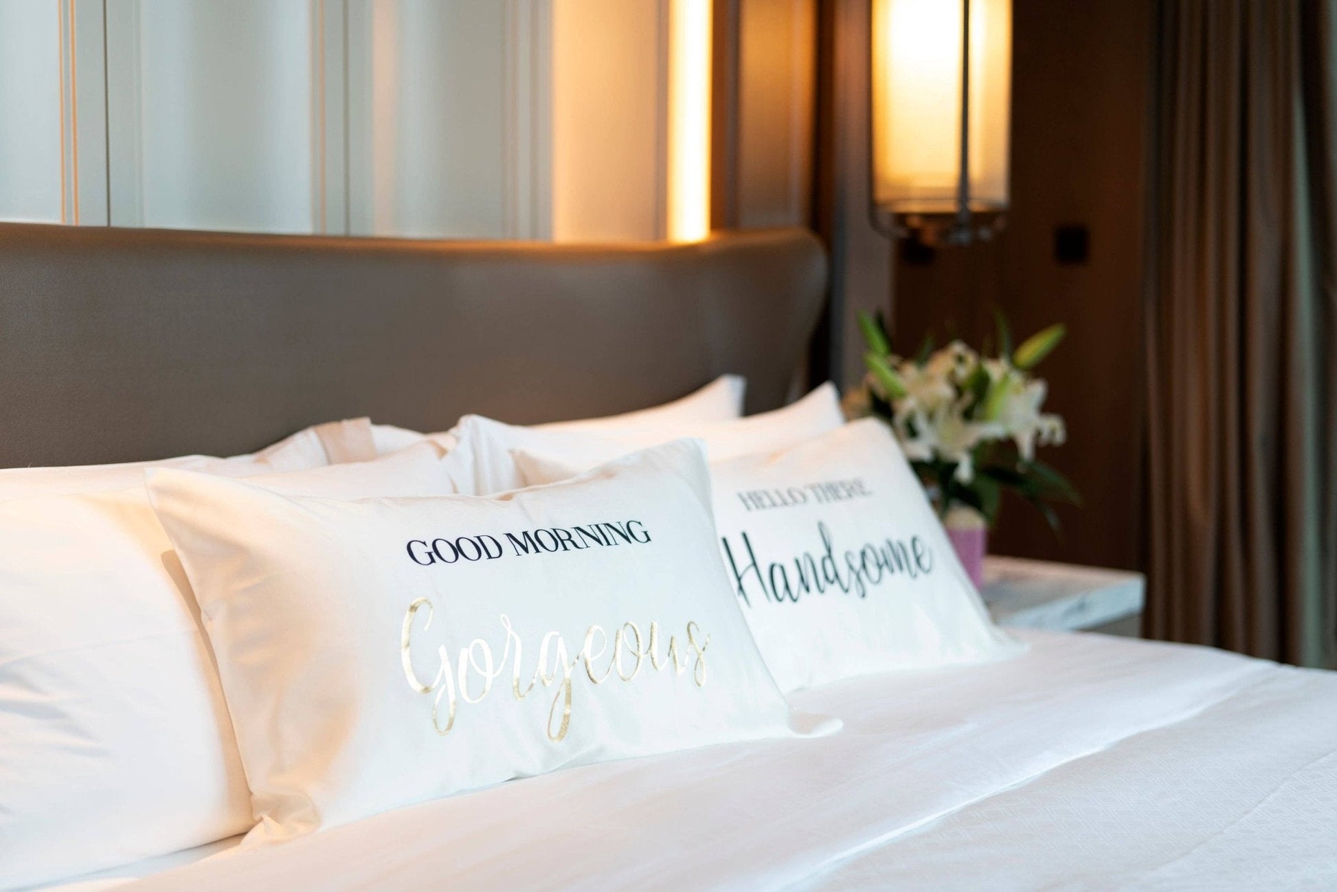 Shiraleah Set Of 2 "Good Morning Gorgeous / Hello There Handsome" Standard Pillow Cases,Ivory - Nifty Decor & More