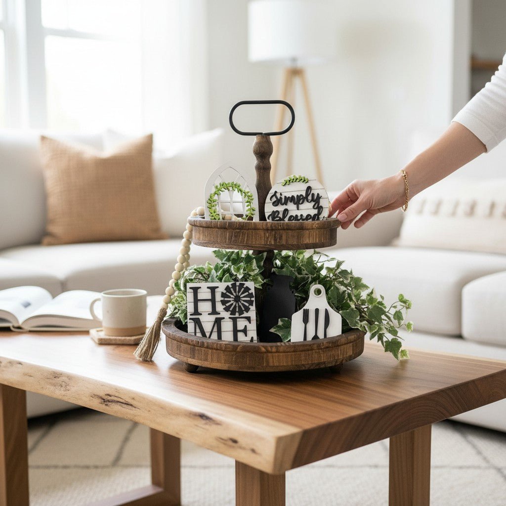 Simply Blessed Wood Tiered Tray Decor Set Rustic Farmhouse Kitchen Signs - Nifty Decor & More