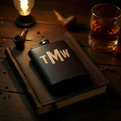 Sleek Personalized Black or Silver Flask, perfect engraved men’s birthday or groom anniversary, stylish men’s gift - Nifty Decor & More