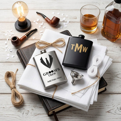 Sleek Personalized Black or Silver Flask, perfect engraved men’s birthday or groom anniversary, stylish men’s gift - Nifty Decor & More