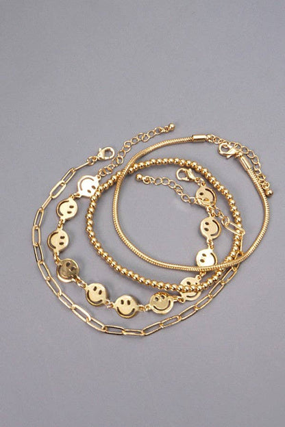 Smiley bead snake chain bracelet set, trendy 4-piece stack for daily glam, perfect gift for her Bracelet Chain GOLD
