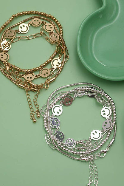 Smiley bead snake chain bracelet set, trendy 4-piece stack for daily glam, perfect gift for her Bracelet Chain