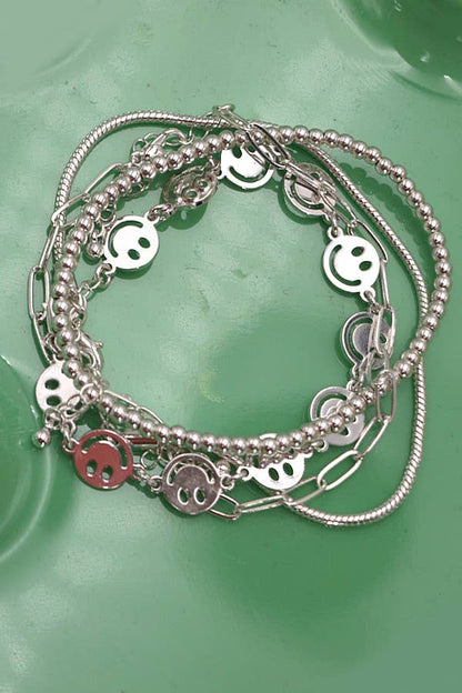 Smiley bead snake chain bracelet set, trendy 4-piece stack for daily glam, perfect gift for her Bracelet Chain SILVER