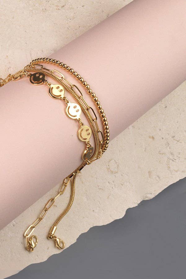 Smiley bead snake chain bracelet set, trendy 4 - piece stack for daily glam, perfect gift for her - Nifty Decor & More