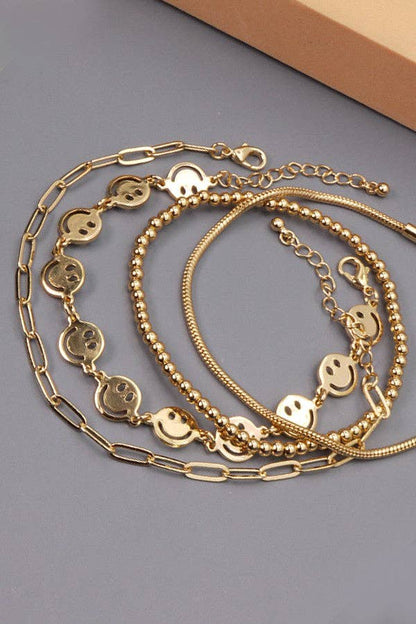 Smiley bead snake chain bracelet set, trendy 4 - piece stack for daily glam, perfect gift for her - Nifty Decor & More
