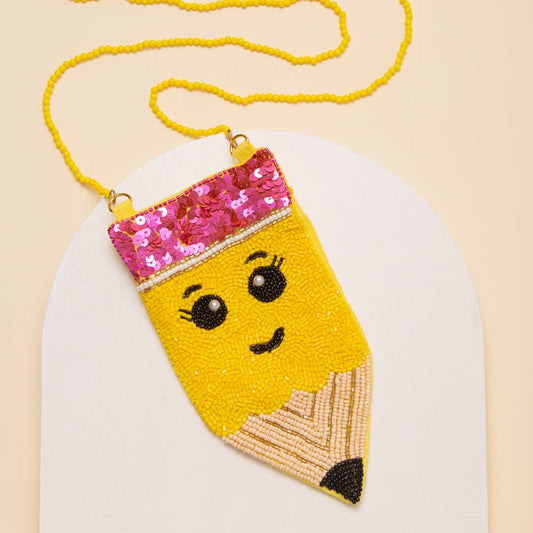 Smiley Pencil Bag Sequin Crossbody & Seed Beaded