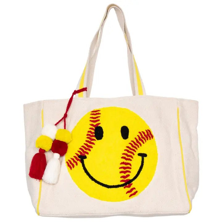 Softball Oversized Happy Face Canvas Tote Bag - Nifty Decor & More