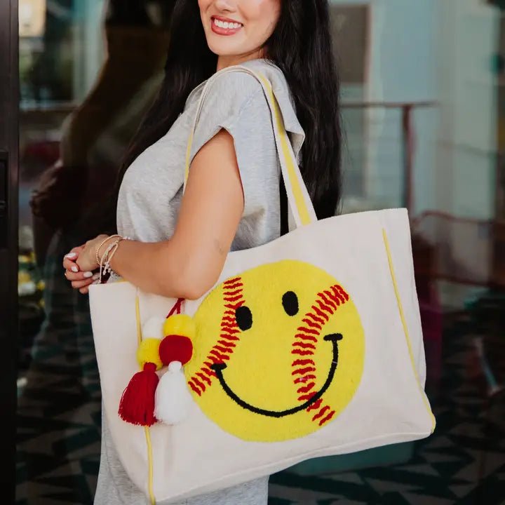 Softball Oversized Happy Face Canvas Tote Bag - Nifty Decor & More