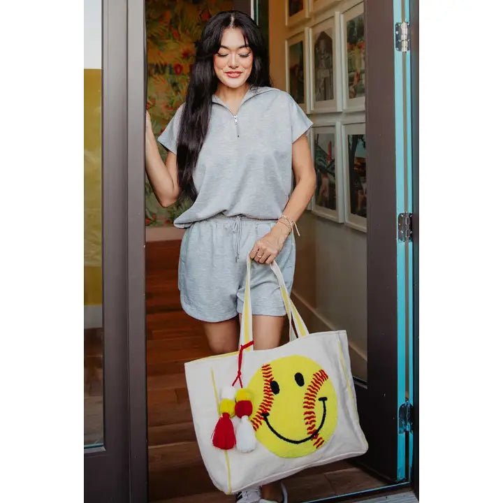 Softball Oversized Happy Face Canvas Tote Bag - Nifty Decor & More