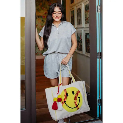 Softball Oversized Happy Face Canvas Tote Bag - Nifty Decor & More