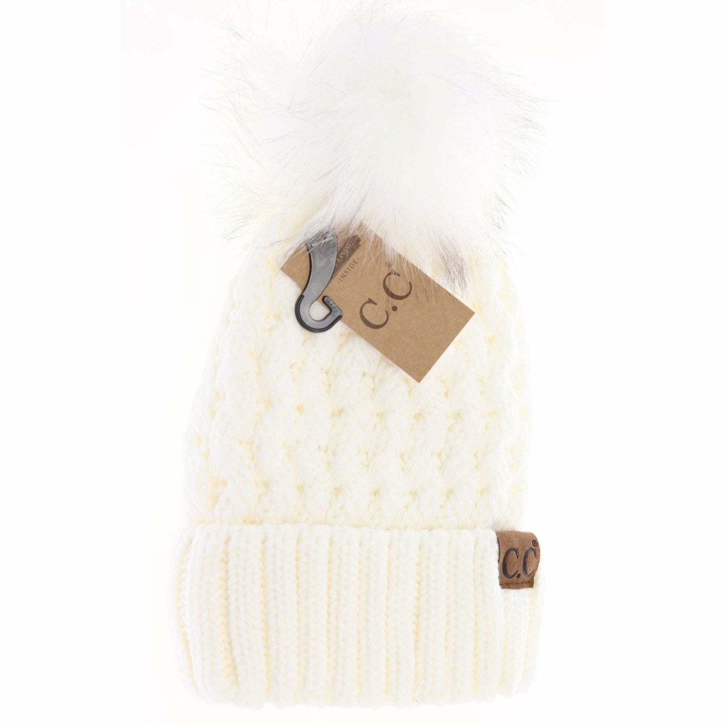 Solid Lattice Stitch Fur Pom CC Beanie YJ826