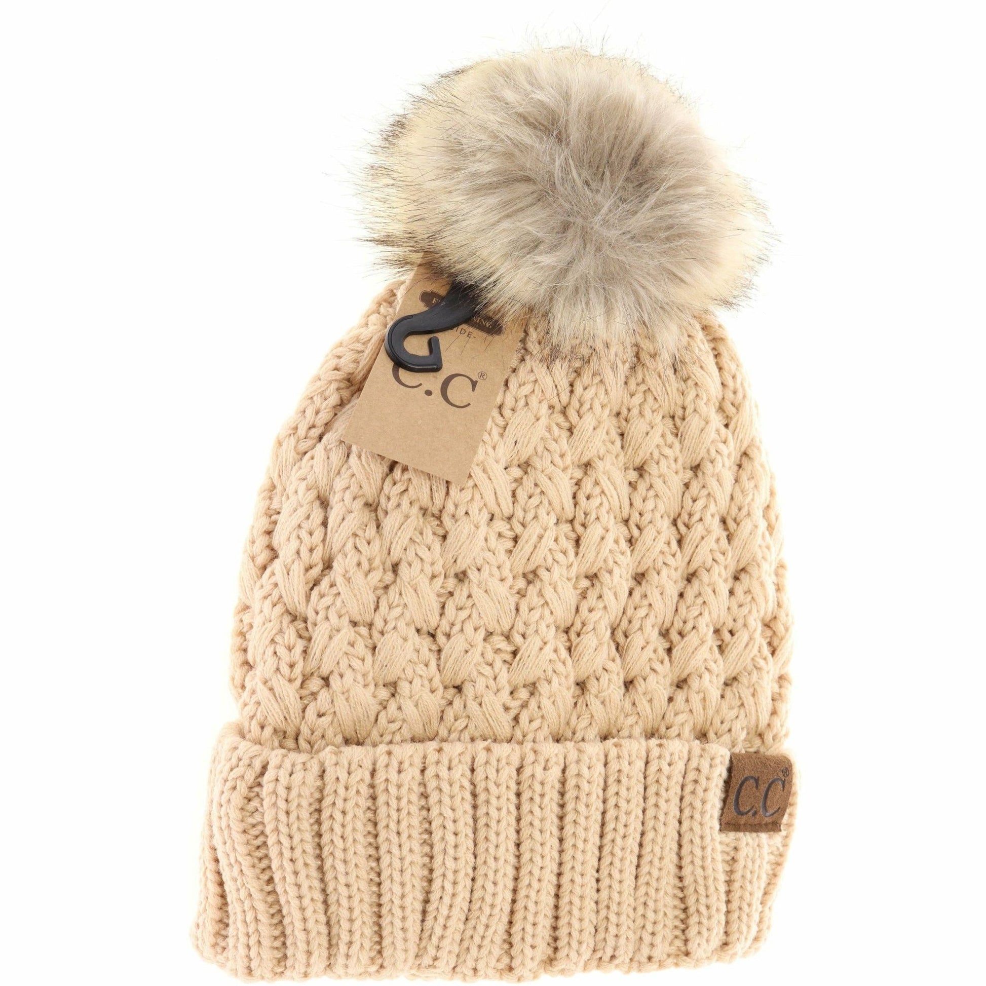 Solid Lattice Stitch Fur Pom CC Beanie YJ826 Peanut