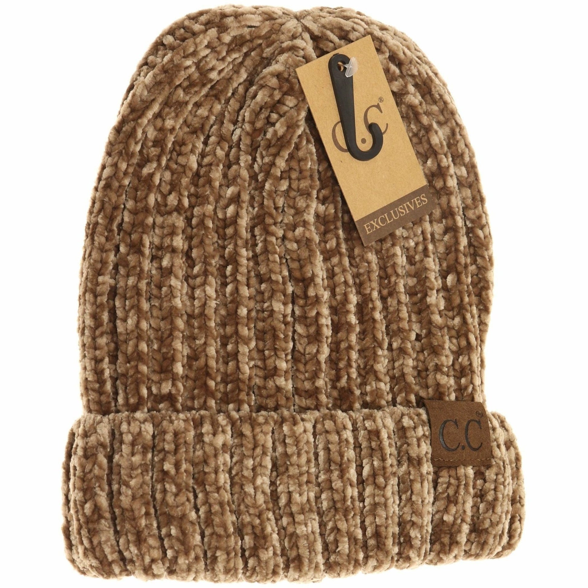 Solid Ribbed Chenille CC Beanie HAT1815 Taupe