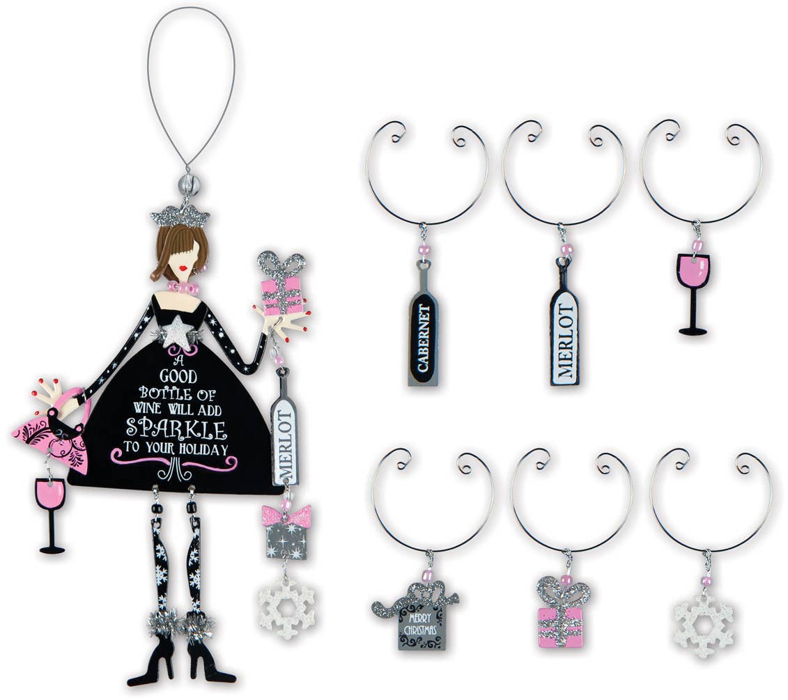 Sparkle Girl Wine Bottle & Glass Charm, 7 piece set - Nifty Decor & More