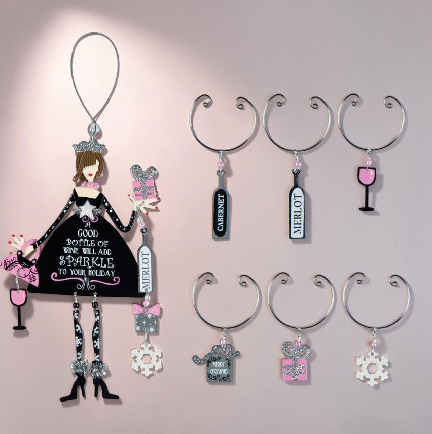 Sparkle Girl Wine Bottle & Glass Charm, 7 piece set - Nifty Decor & More