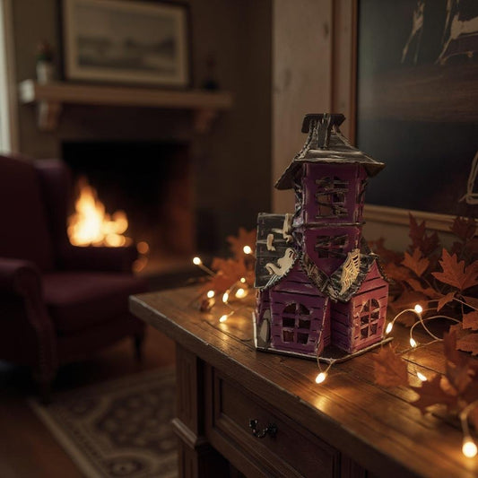 Spooky Halloween House, purple, pink and black with ghosts, bats, spiderwebs and black cats, haunted mantle decor for Halloween, gift ready Halloween Decor Purple