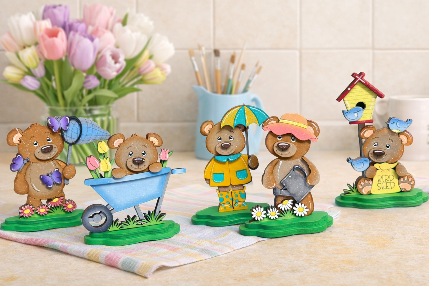 Spring Bear Decor Set | Farmhouse Tiered Tray Decor | Wooden Bear Figurines | Spring Shelf Sitters | Easter Decor | Garden Bear Decorations - Nifty Decor & More