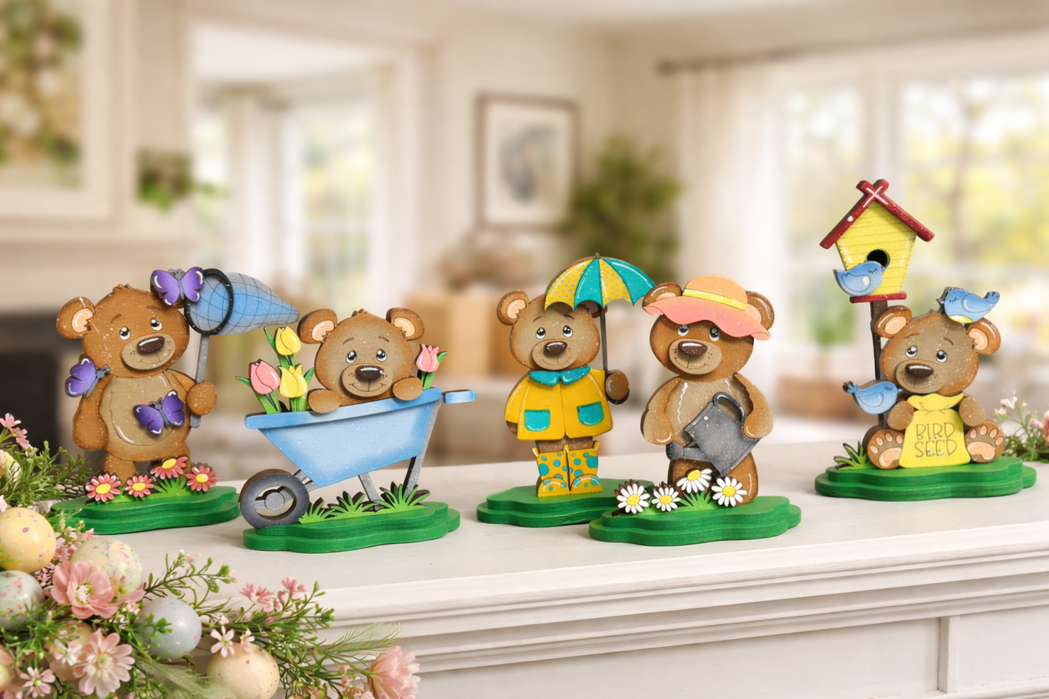 Spring Bear Decor Set | Farmhouse Tiered Tray Decor | Wooden Bear Figurines | Spring Shelf Sitters | Easter Decor | Garden Bear Decorations - Nifty Decor & More
