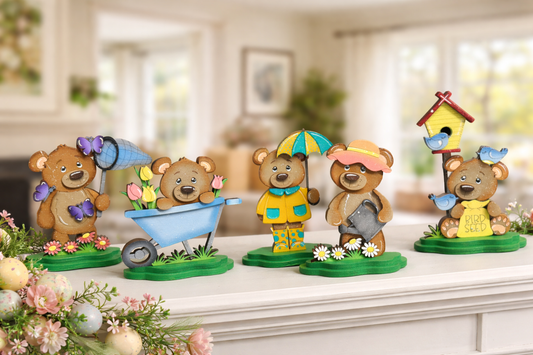 Spring Bear Decor Set | Farmhouse Tiered Tray Decor | Wooden Bear Figurines | Spring Shelf Sitters | Easter Decor | Garden Bear Decorations - Nifty Decor & More