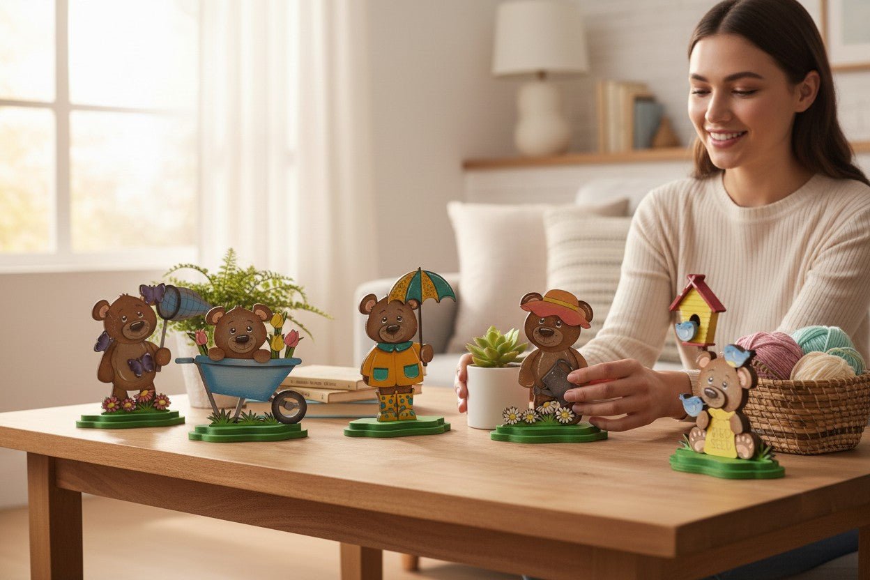 Spring Bear Decor Set | Farmhouse Tiered Tray Decor | Wooden Bear Figurines | Spring Shelf Sitters | Easter Decor | Garden Bear Decorations - Nifty Decor & More