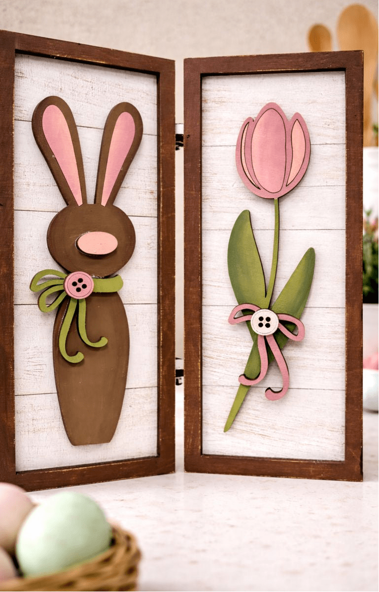 Spring Bunny & Carrot Wooden Decor Set | Easter Tiered Tray Decor | Rustic Farmhouse Spring Sign | Bunny Rabbit Easter Decorations | Handmade Wood Art - Nifty Decor & More
