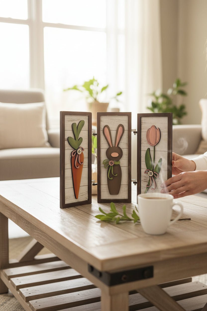 Spring Bunny & Carrot Wooden Decor Set | Easter Tiered Tray Decor | Rustic Farmhouse Spring Sign | Bunny Rabbit Easter Decorations | Handmade Wood Art - Nifty Decor & More