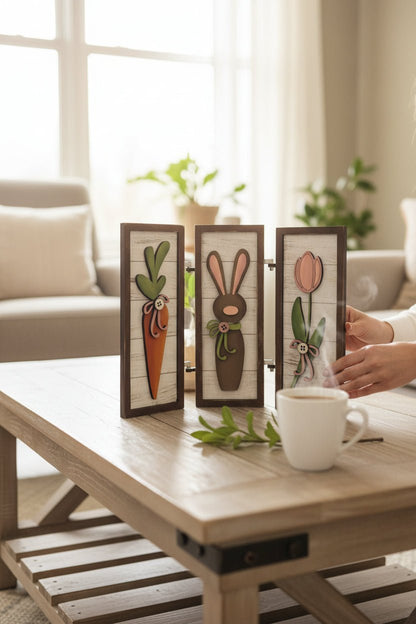 Spring Bunny & Carrot Wooden Decor Set | Easter Tiered Tray Decor | Rustic Farmhouse Spring Sign | Bunny Rabbit Easter Decorations | Handmade Wood Art - Nifty Decor & More
