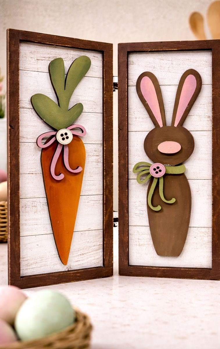 Spring Bunny & Carrot Wooden Decor Set | Easter Tiered Tray Decor | Rustic Farmhouse Spring Sign | Bunny Rabbit Easter Decorations | Handmade Wood Art - Nifty Decor & More