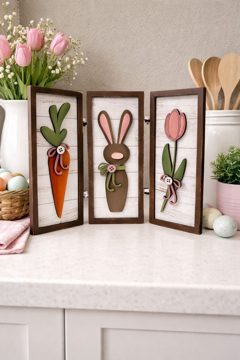 Spring Bunny & Carrot Wooden Decor Set | Easter Tiered Tray Decor | Rustic Farmhouse Spring Sign | Bunny Rabbit Easter Decorations | Handmade Wood Art - Nifty Decor & More