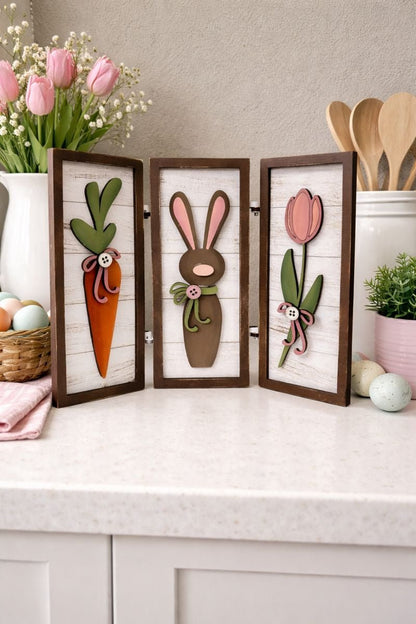 Spring Bunny & Carrot Wooden Decor Set | Easter Tiered Tray Decor | Rustic Farmhouse Spring Sign | Bunny Rabbit Easter Decorations | Handmade Wood Art - Nifty Decor & More