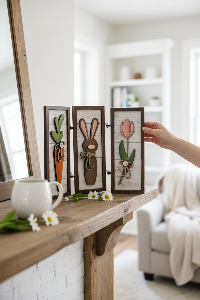 Spring Bunny & Carrot Wooden Decor Set | Easter Tiered Tray Decor | Rustic Farmhouse Spring Sign | Bunny Rabbit Easter Decorations | Handmade Wood Art - Nifty Decor & More