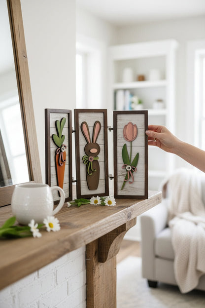 Spring Bunny & Carrot Wooden Decor Set | Easter Tiered Tray Decor | Rustic Farmhouse Spring Sign | Bunny Rabbit Easter Decorations | Handmade Wood Art - Nifty Decor & More