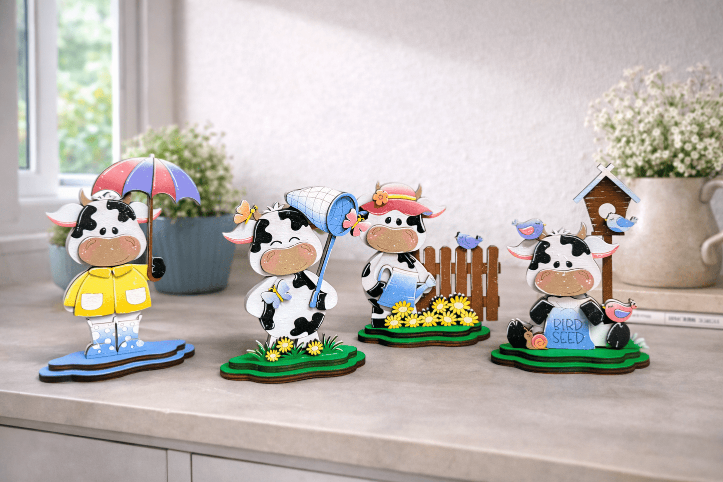 Spring Cow Decor Set | Farmhouse Tiered Tray Decor | Wooden Cow Figurines | Spring Farm Decor | Easter Shelf Sitters | Country Kitchen Decor - Nifty Decor & More