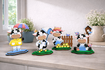 Spring Cow Decor Set | Farmhouse Tiered Tray Decor | Wooden Cow Figurines | Spring Farm Decor | Easter Shelf Sitters | Country Kitchen Decor - Nifty Decor & More