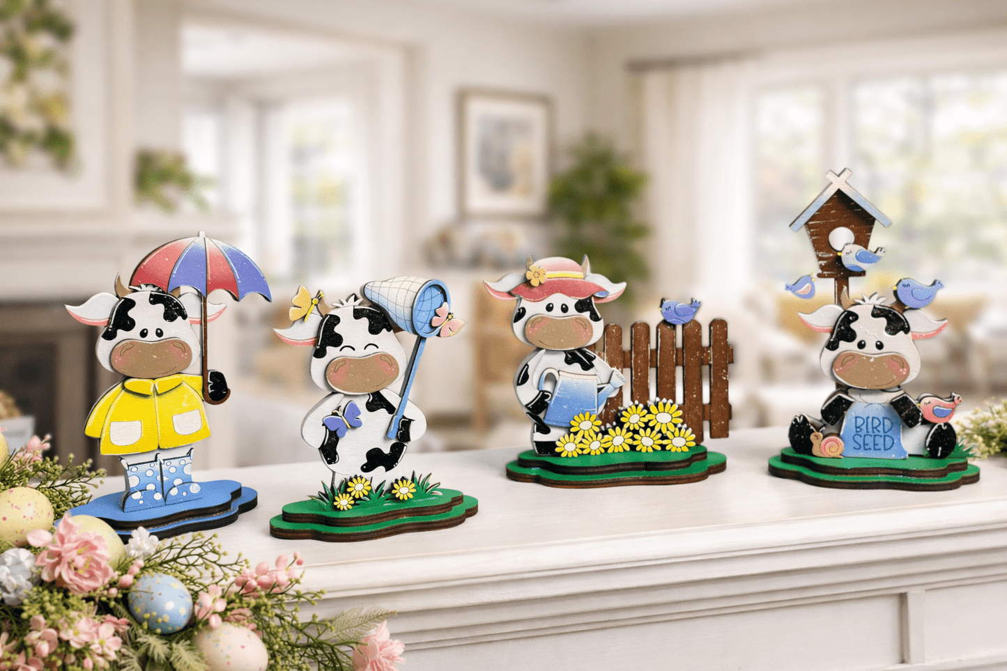 Spring Cow Decor Set | Farmhouse Tiered Tray Decor | Wooden Cow Figurines | Spring Farm Decor | Easter Shelf Sitters | Country Kitchen Decor - Nifty Decor & More